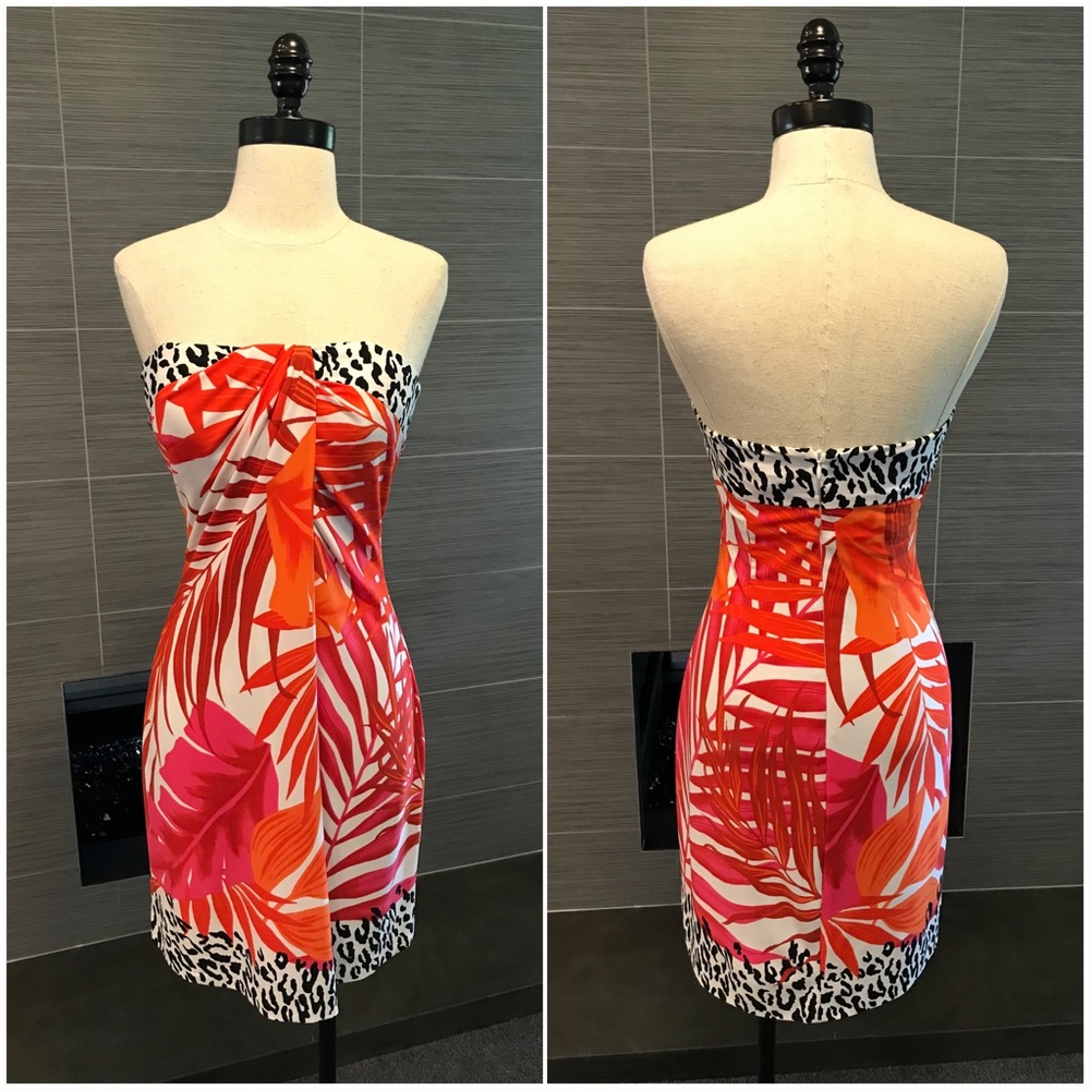 Tropical and animal print, strapless mini dress.